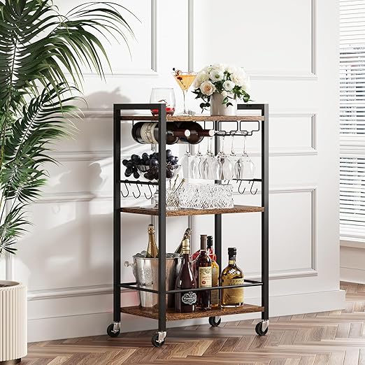 3-Tier Rolling Bar Cart with Wine Rack & Glass Holder