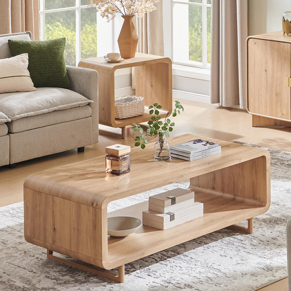 2-Tier Coffee Table with Storage Shelf | Curved Design | 48"