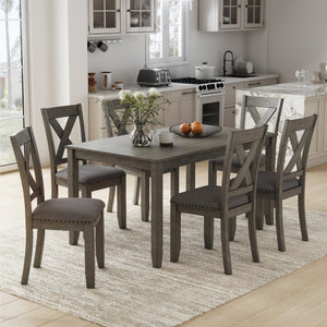 7-Piece Rustic Dining Set – Rectangular Table & 6 X-Back Upholstered Chairs