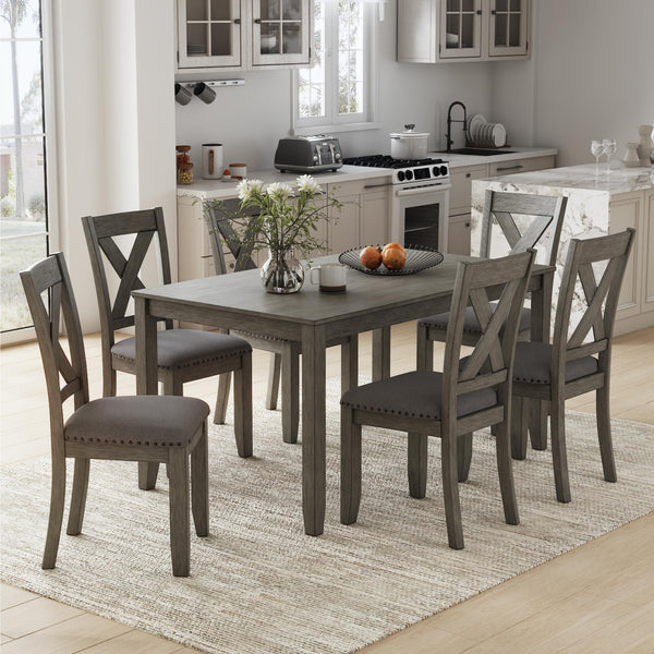 7-Piece Rustic Dining Set – Rectangular Table & 6 X-Back Upholstered Chairs