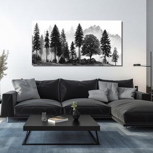 Large Foggy Forest & Mountain Canvas Wall Art