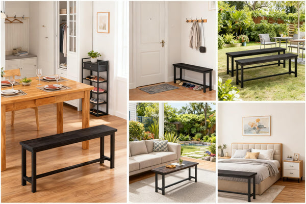 Industrial Dining Bench Set of 2 with Steel Frame and Wood Seat