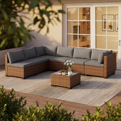 7-Piece Outdoor Sectional Sofa Set with Cushions & Glass Coffee Table