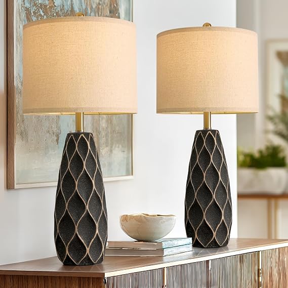 Ceramic Table Lamp Set of 2 — Boho Bedside Nightstand Lamp