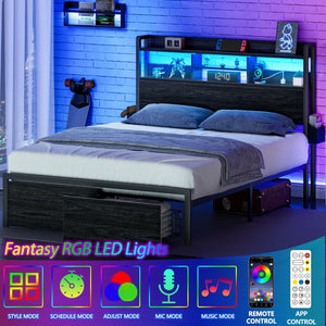Platform Bed Frame with Storage Drawers, LED Lights & Charging Station