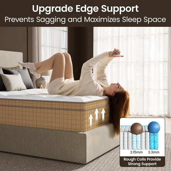 Queen Hybrid Mattress 14 Inch – Pocketed Coil, Cooling Gel, Lumbar Support