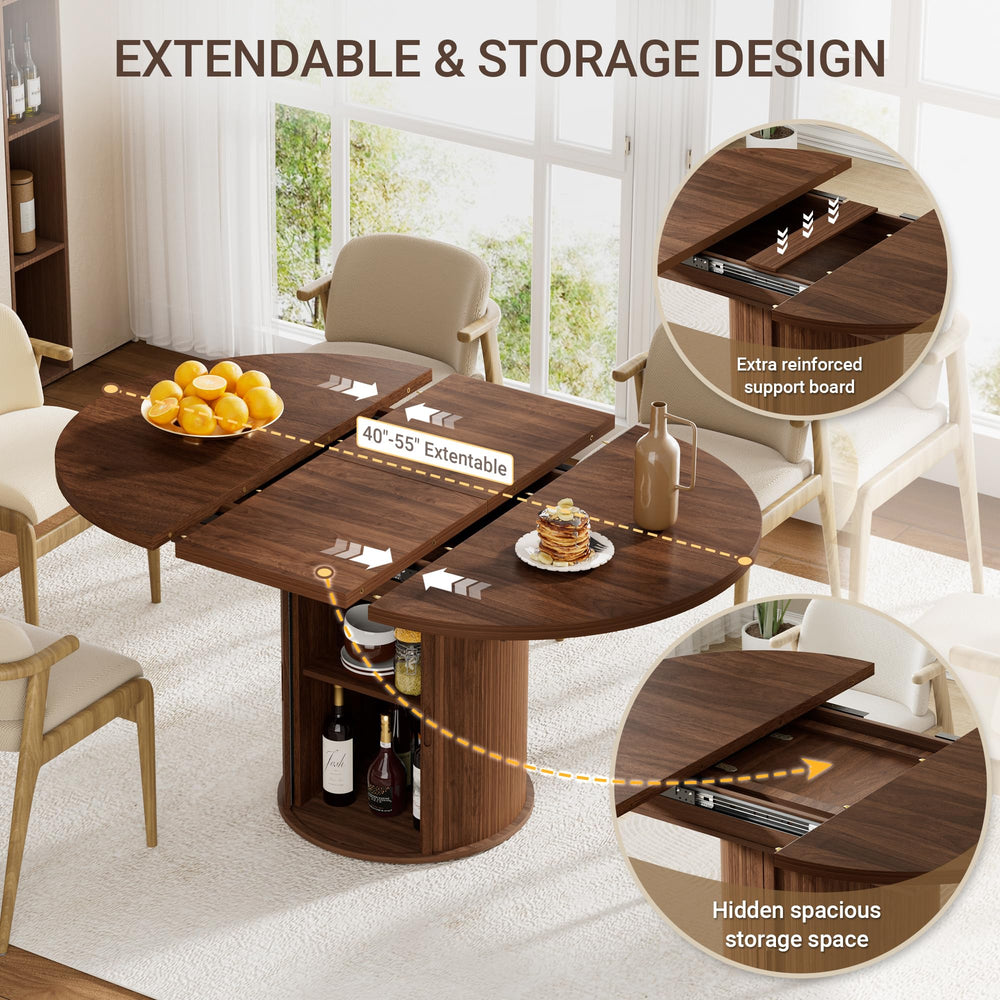 Expandable Round Oval Dining Table 40–55 Inch with Storage
