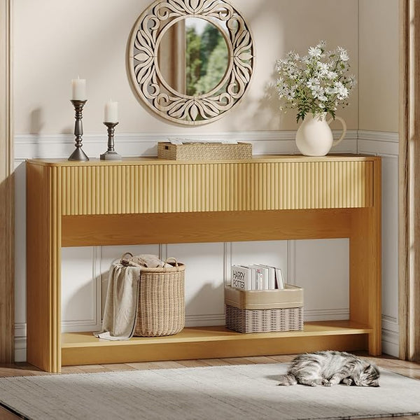 Fluted Console Table with 3 Drawers and Open Shelf