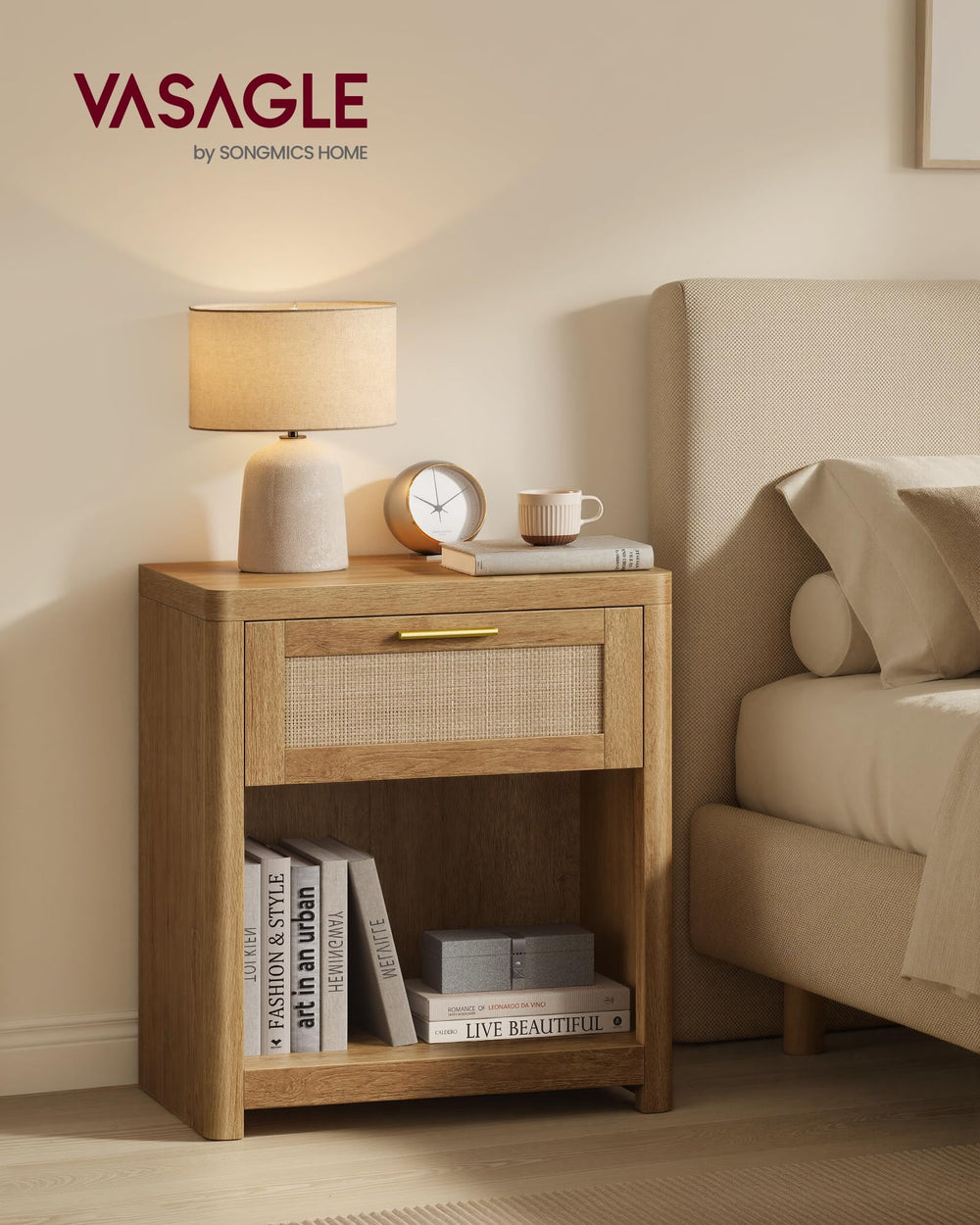Boho Nightstands with Rattan-Look Drawer, Set of 2