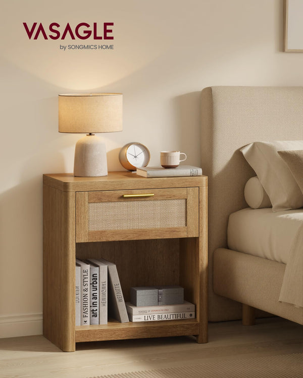 Boho Nightstands with Rattan-Look Drawer, Set of 2