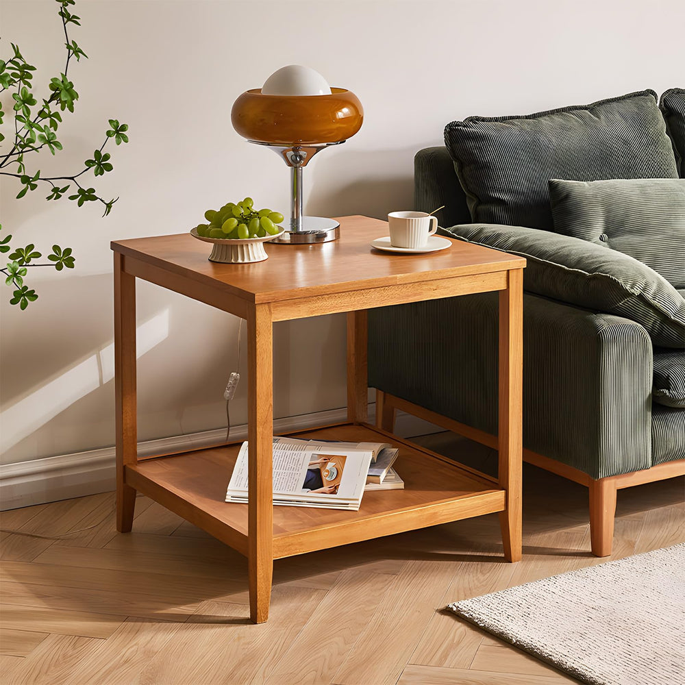 Solid Wood Square End Table with 2-Tier Storage Shelf
