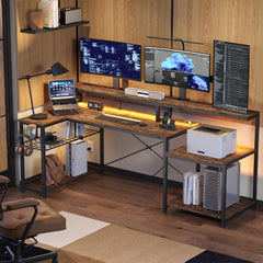 L-Shaped Corner Desk with Power Outlets & LED Monitor Stand