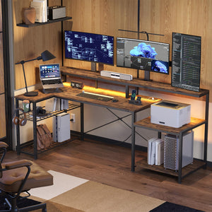 L-Shaped Corner Desk with Power Outlets & LED Monitor Stand