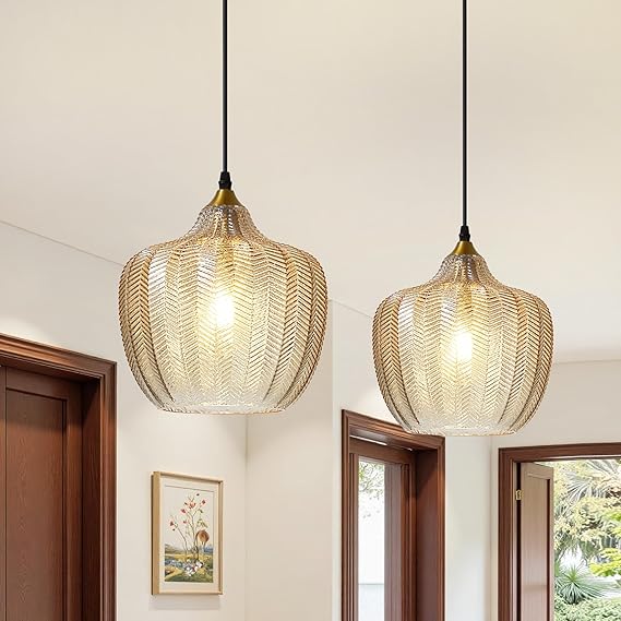 Amber Glass Pendant Light – Adjustable Gold Farmhouse Ceiling Fixture