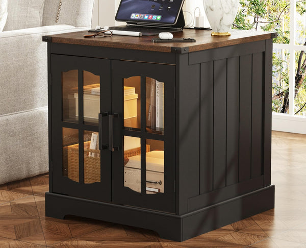 Farmhouse End Table with Charging Station & LED Light
