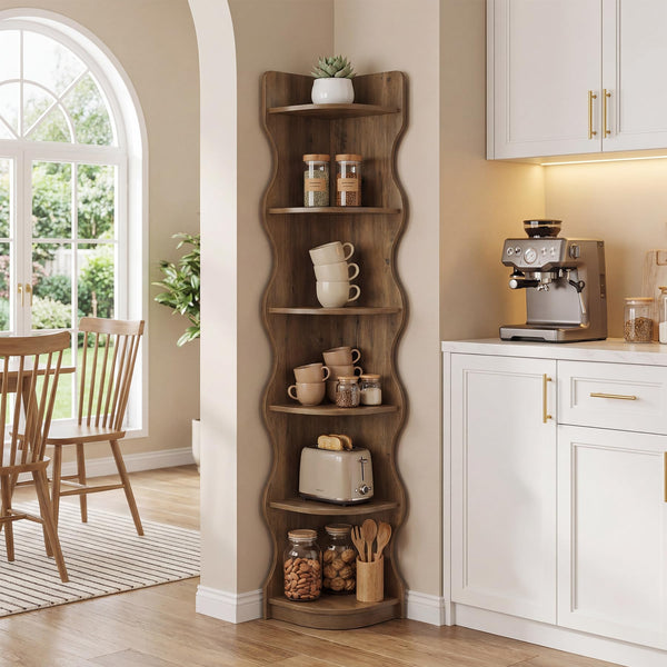6-Tier Corner Bookshelf with Wave-Shaped Design, 71" Tall