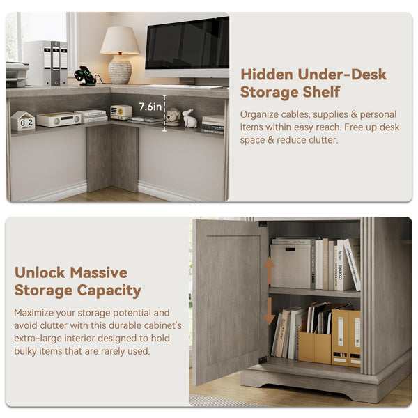 L-Shaped Farmhouse Executive Desk with Drawers & Charging Station