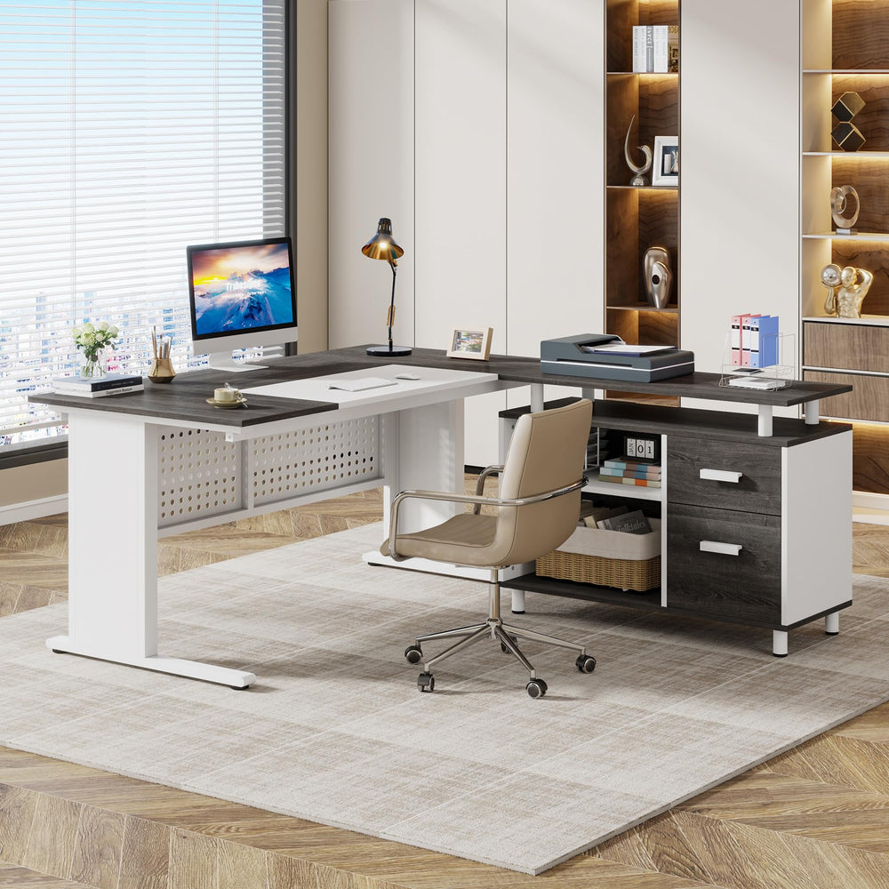 L-Shaped Executive Desk with File Cabinet & Storage Shelves