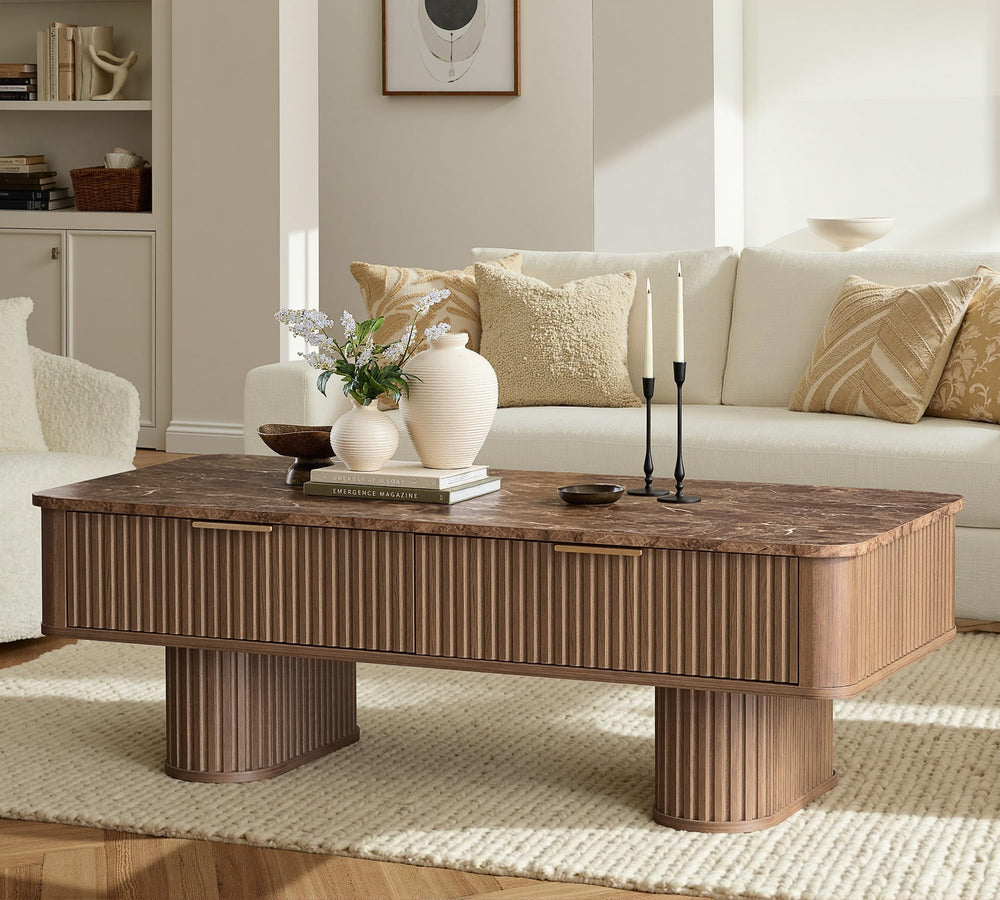 Fluted Coffee Table with Storage & Faux Marble Top