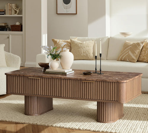 Fluted Coffee Table with Storage & Faux Marble Top