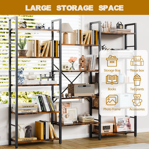 Industrial 14-Shelf Wide Bookcase with Metal Frame – Brown