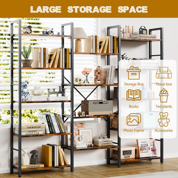 Industrial 14-Shelf Wide Bookcase with Metal Frame – Brown