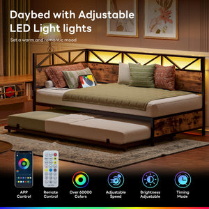 Twin Daybed with Trundle, RGB LED Lights & Charging Station