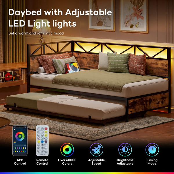 Twin Daybed with Trundle, RGB LED Lights & Charging Station