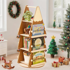360° Rotating Tree Bookshelf – 4-Tier Pine Wood Floor Standing Bookcase