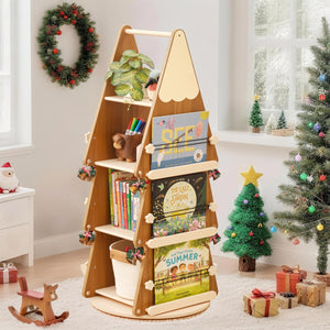 360° Rotating Tree Bookshelf – 4-Tier Pine Wood Floor Standing Bookcase