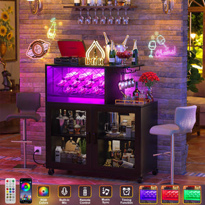 Small Bar Cabinet with LED Light, Power Outlets & Wine Rack