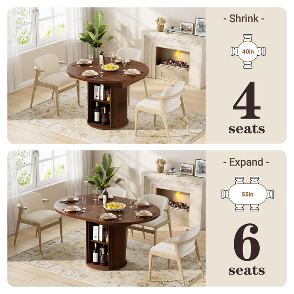 Expandable Round Oval Dining Table 40–55 Inch with Storage
