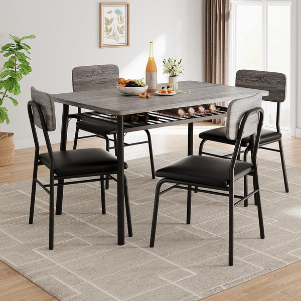 5-Piece Dining Table Set with Storage Rack & Upholstered Chairs