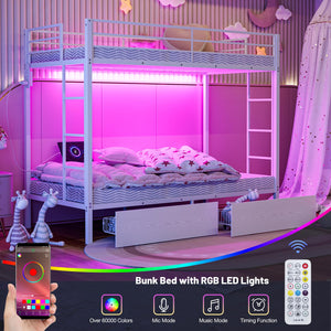 Twin XL Over Twin XL Metal Bunk Bed with LED Lights & Storage Drawers
