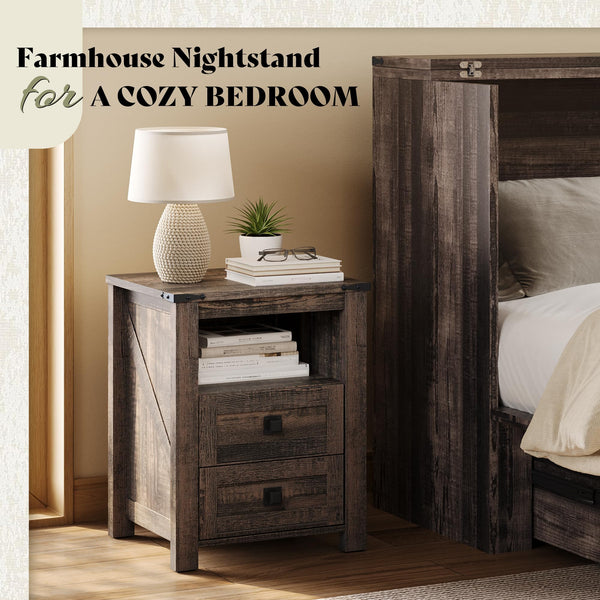 Farmhouse Nightstand Set of 2 with Drawers & Open Shelf