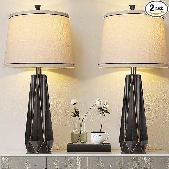 Modern Resin Table Lamps Set of 2 - 3 Color Temperature, Linen Shade, 27"