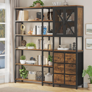 L-Shaped Corner Bookshelf with Fabric Drawers, 6-Tier