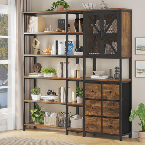 L-Shaped Corner Bookshelf with Fabric Drawers, 6-Tier