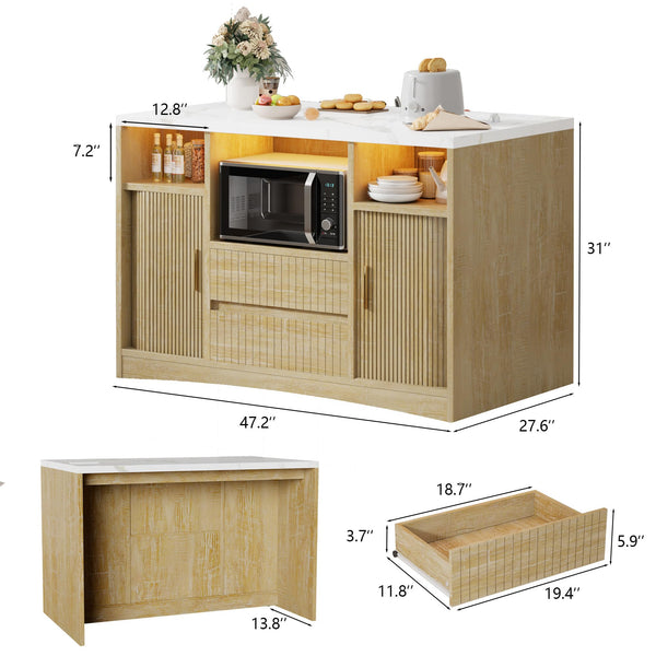 Rolling Kitchen Island with Storage, Power Outlet & LED Light