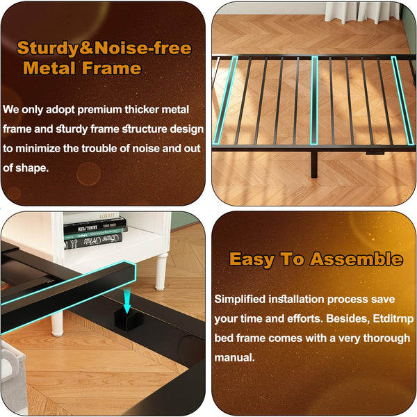 Twin Bed Frame with LED Lights, Charging Station & Upholstered Headboard