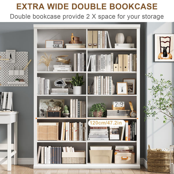 Large Wooden Bookcase – 6-Shelf Double Storage, 71.8"H x 47.2"W
