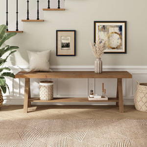 Solid Wood Farmhouse Entryway Bench with Storage Shelf