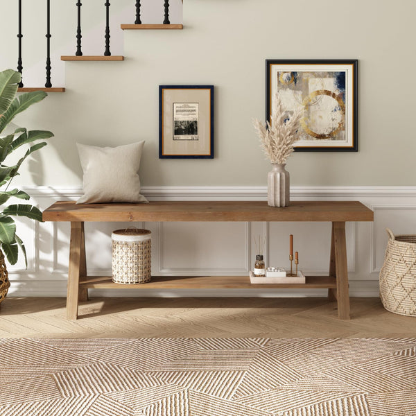 Solid Wood Farmhouse Entryway Bench with Storage Shelf