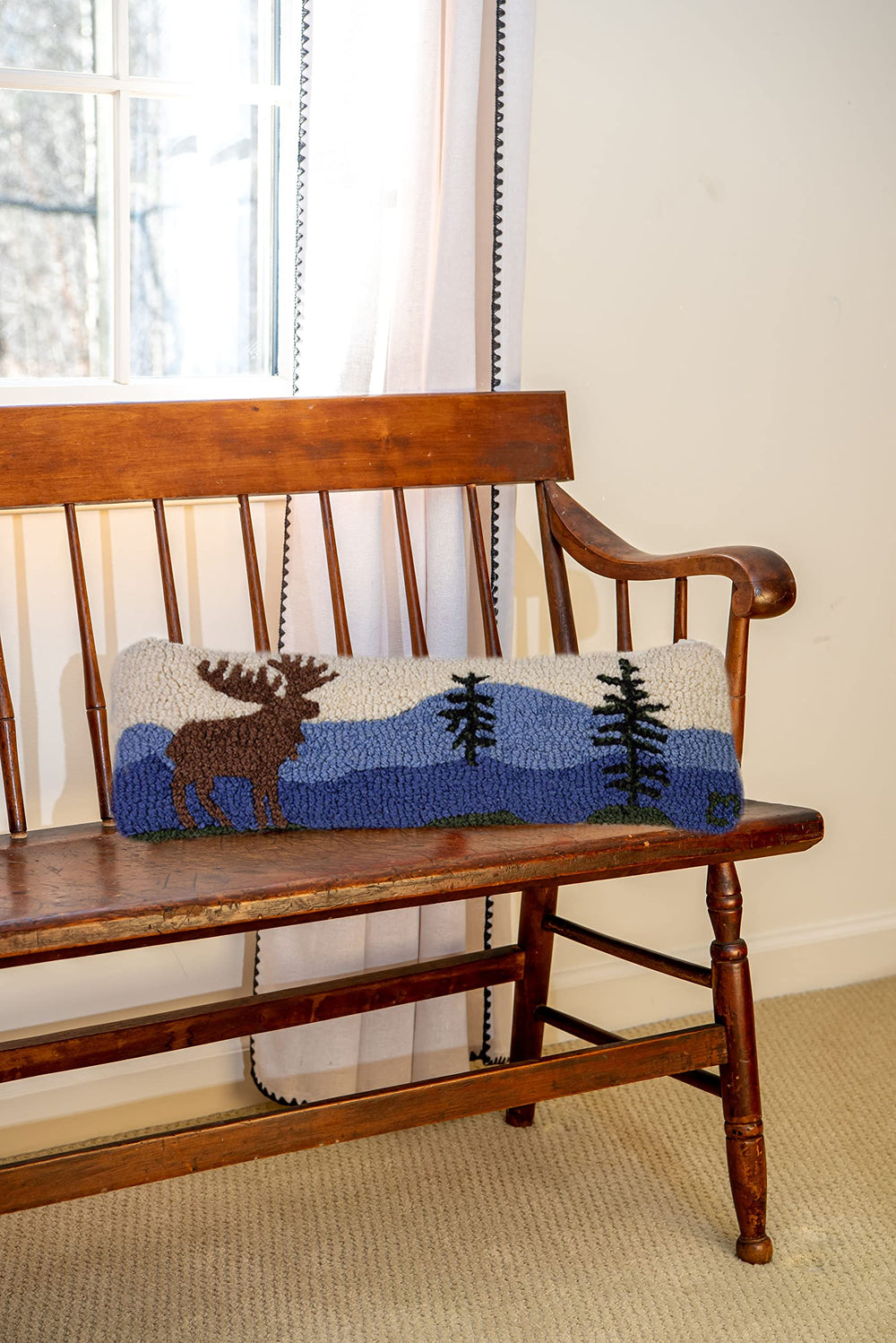 Hand-Hooked Wool Lumbar Throw Pillow, Mountain Moose, 8x24