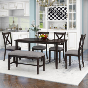 6-Piece Farmhouse Dining Table Set with Bench and Cushioned Chairs