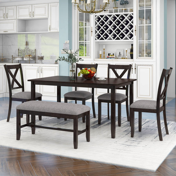 6-Piece Farmhouse Dining Table Set with Bench and Cushioned Chairs