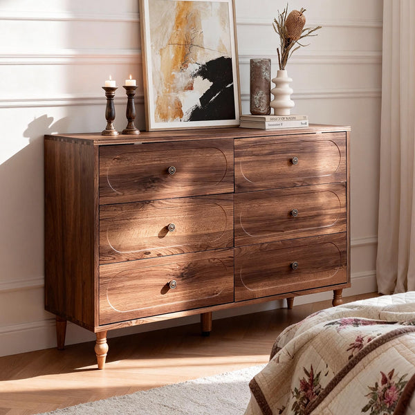 6 Drawer Mid-Century Dresser with Solid Wood Legs – 47" Wide Dark Walnut Chest