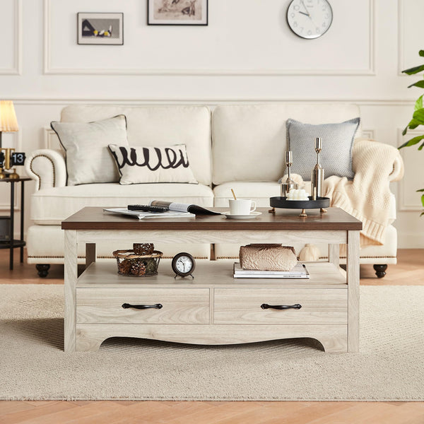 Farmhouse Coffee Table with Storage Drawers and Open Display
