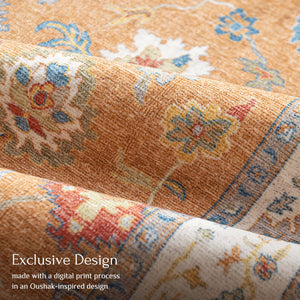 Oushak Washable Area Rug – Orange Ochre Floral, Non-Slip, Machine Washable