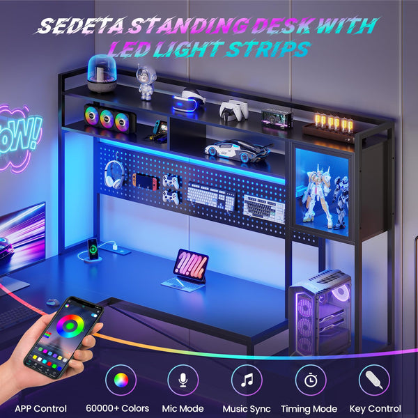 L-Shaped Gaming Desk with Drawers, LED Lights & Power Outlet